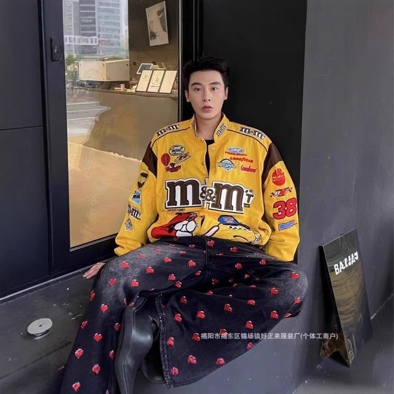 Mm Bean Embroidery Racing Motorcycle Jacket Unisex Loose Trendy Baseball Jacket Couple Spring and Autumn Coat Trendy Retro Mm Bean Embroidery Racing Motorcycle Jacket Unisex Loose Trendy Baseball Jacket Couple Spring and Autumn Coat Trendy Retro