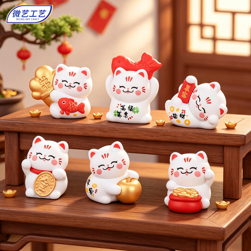 New Cross-Border Product: New Year Cartoon Fortune Cat Cute Figurine, Dollhouse Scenery DIY Decoration, Miniature Landscape Ornament
