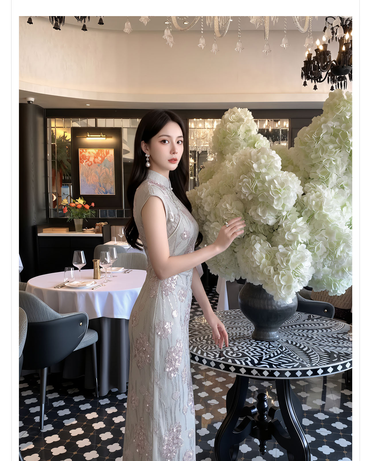 Đầm maxi thắt eo phong cách Tân Trung Hoa ren hoa nổi tay lỡ — Xám gạo chi tiết 9
