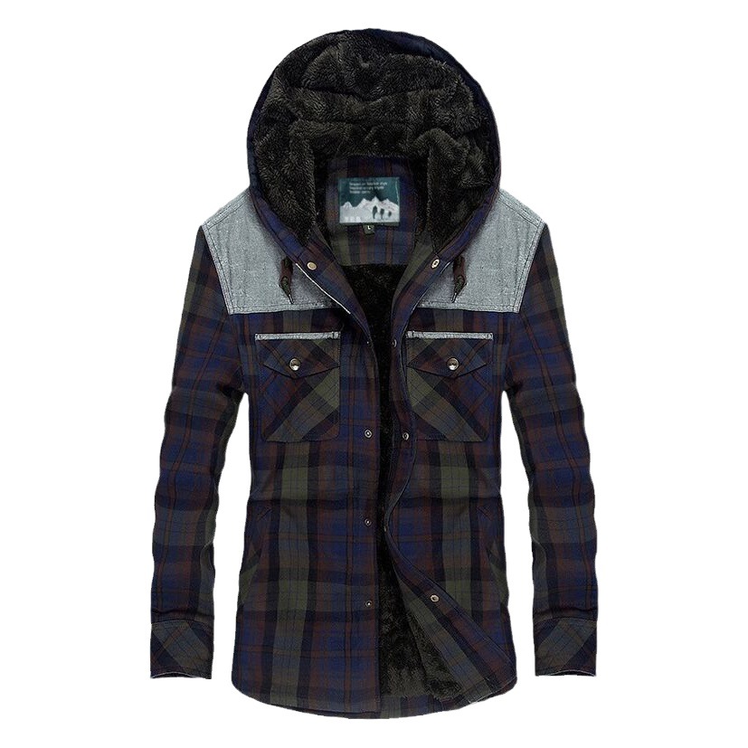 2023 europea y americana nueva transfronteriza Amazon camisa de manga larga de los hombres forrada de lana engrosada camisa a cuadros con capucha venta directa de fábrica