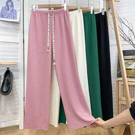 2022夏季新款高腰泡泡纹理百褶皱阔腿裤女宽松垂感拖地直筒休闲裤