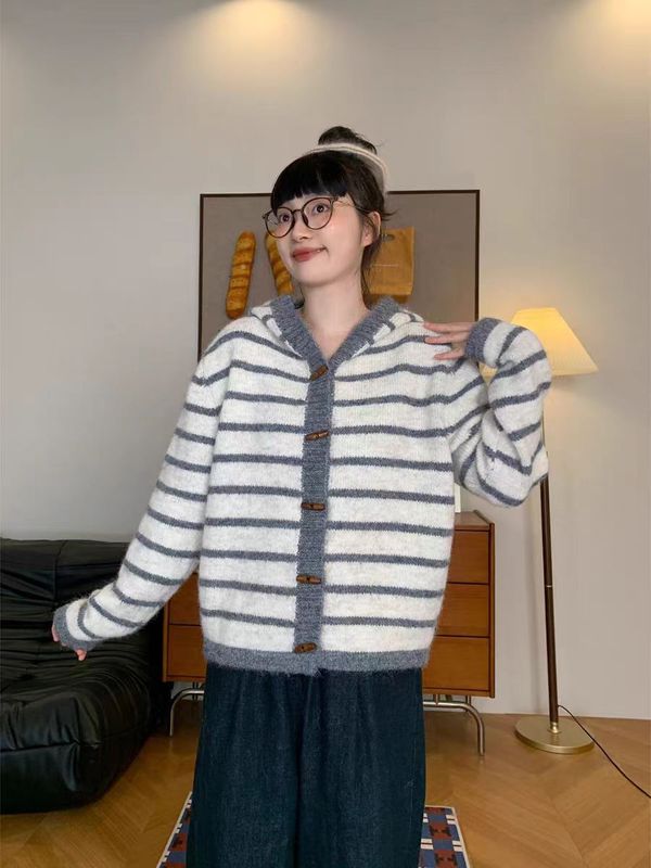 韩式条纹连帽橄榄扣毛衣开衫女秋冬慵懒风宽松撞色针织衫上衣外套|undefined