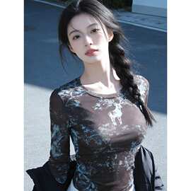 圆领网纱时尚水墨印花长袖T恤女夏季款休闲减龄小衫百搭洋气上衣