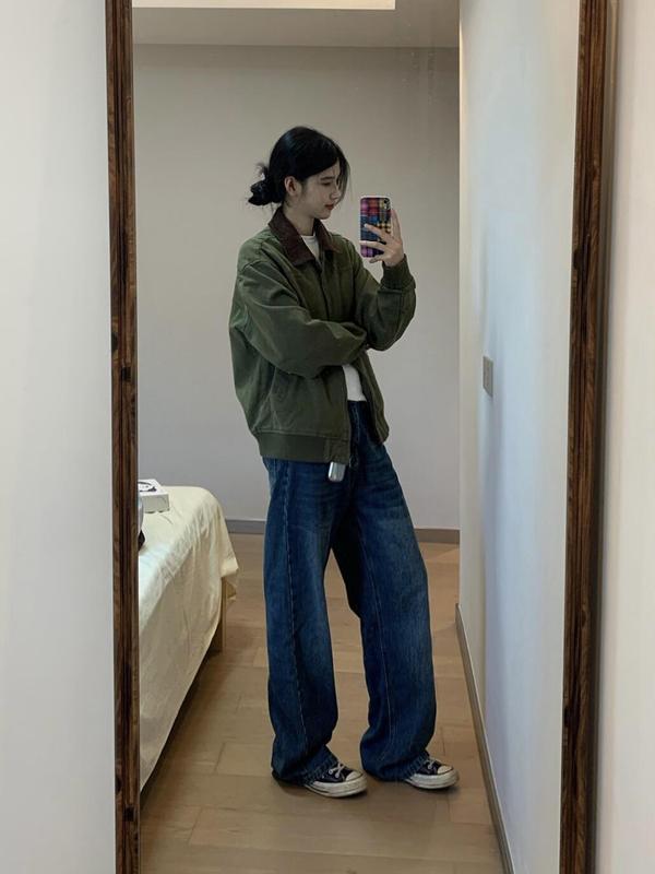 复古军绿色拼接棒球服外套女2025年春秋新款宽松设计感撞色夹克潮|undefined