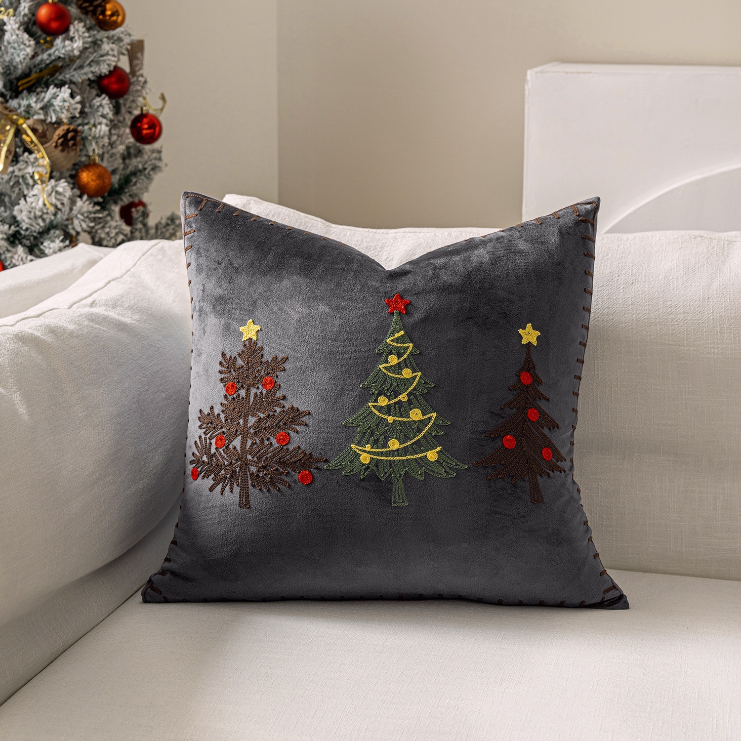 Ventas transfronterizas en caliente de alce árbol de Navidad estampado almohada cubierta de nieve de otoño y invierno bordado estilo de decoración de vacaciones atmósfera cojín cubierta