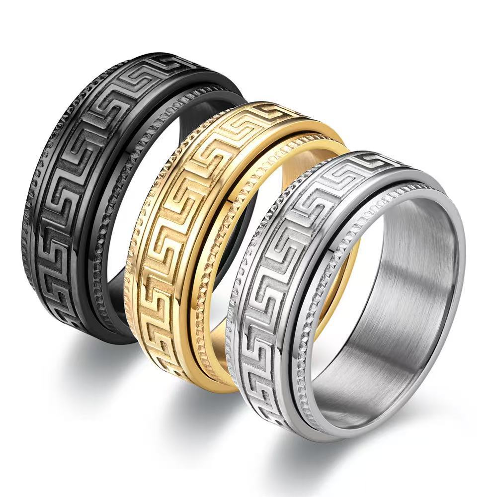 Cross-border Explosions Titanium Steel Great Wall Pattern Ring Men's Decompression Anti-anxiety Rotating Ring Fashion Couple Ring Jewelry