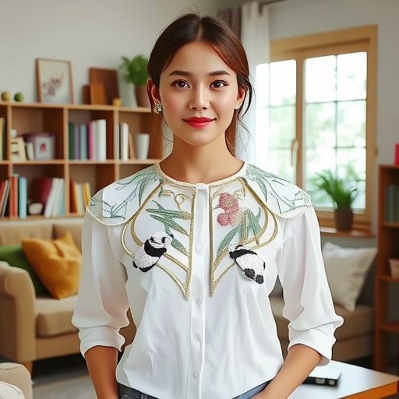 Chinese-style cloud shoulder collar with embroidered bamboo leaf and panda design, suitable for children's Hanfu.