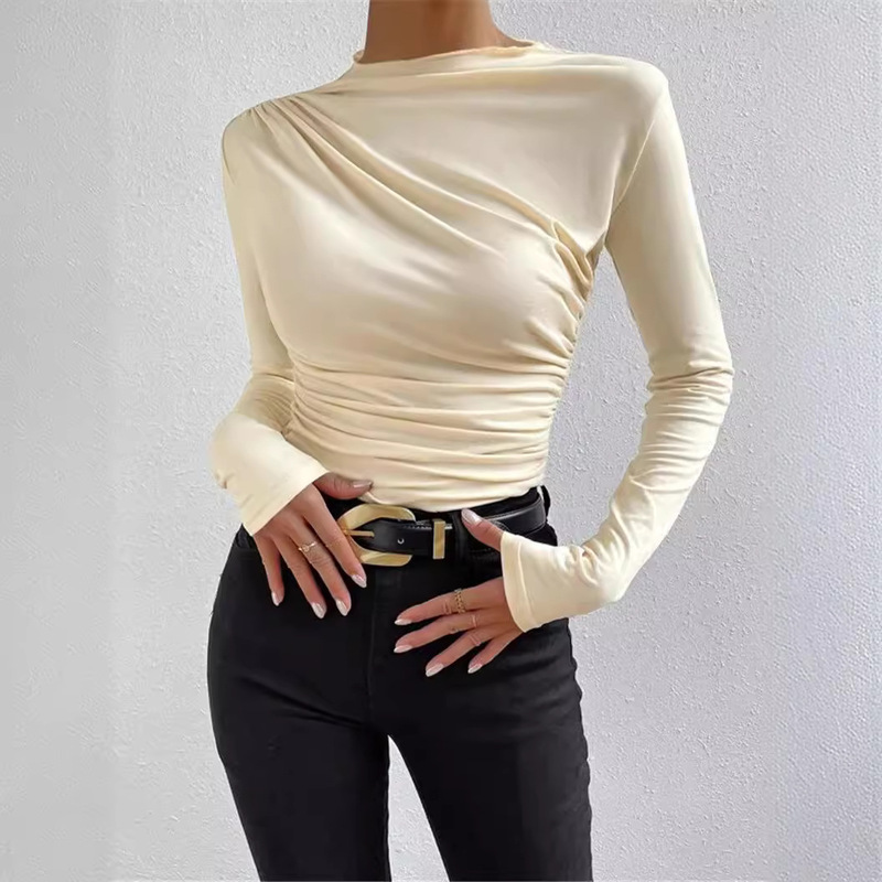 Cross-Border 2026 European and American Style Solid Color Slim-Fit Base Shirt Versatile Ruched Design Long-Sleeve T-Shirt Women's Top Cross-Border 2026 European and American Style Solid Color Slim-Fit Base Shirt Versatile Ruched Design Long-Sleeve T-Shirt Women's Top