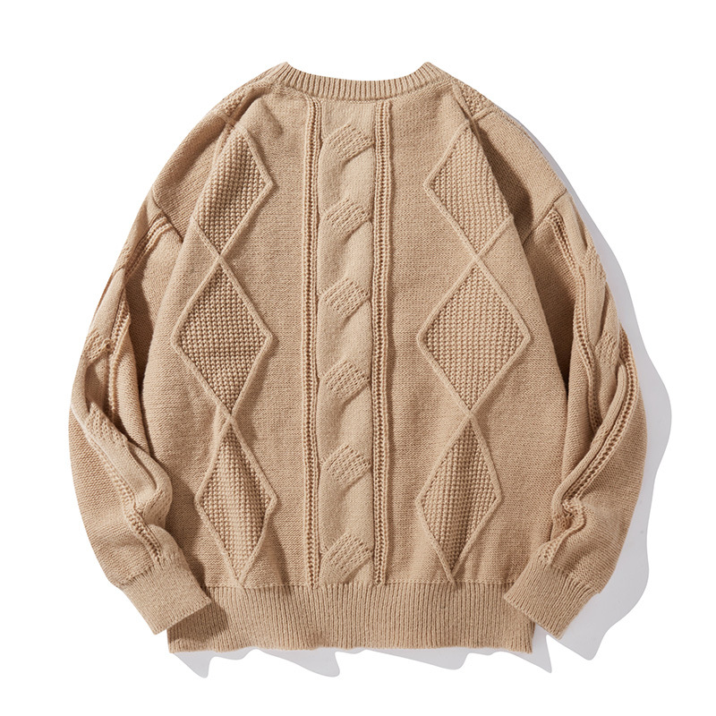 Pull en maille torsadée pour homme – Pull oversize à col rond et coupe décontractée pour l'hiver et l'automne (Noir/Beige/Marron/Kaki, M-XXL)_voghion.com