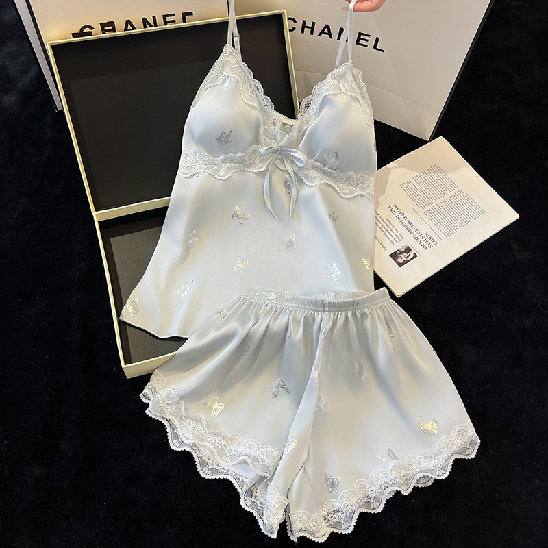 Pure Lust Style Sexy Hot Girl Small Suspender Ice Silk Shorts Suit with Breast Pads Lace Edge Butterfly Home Clothes for Women to Wear Outside