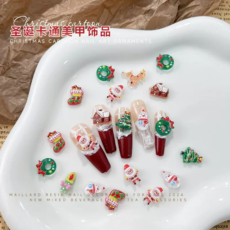 美甲圣诞节饰品卡通爆款立体麋鹿雪人圣诞老人穿戴甲材料配件批发