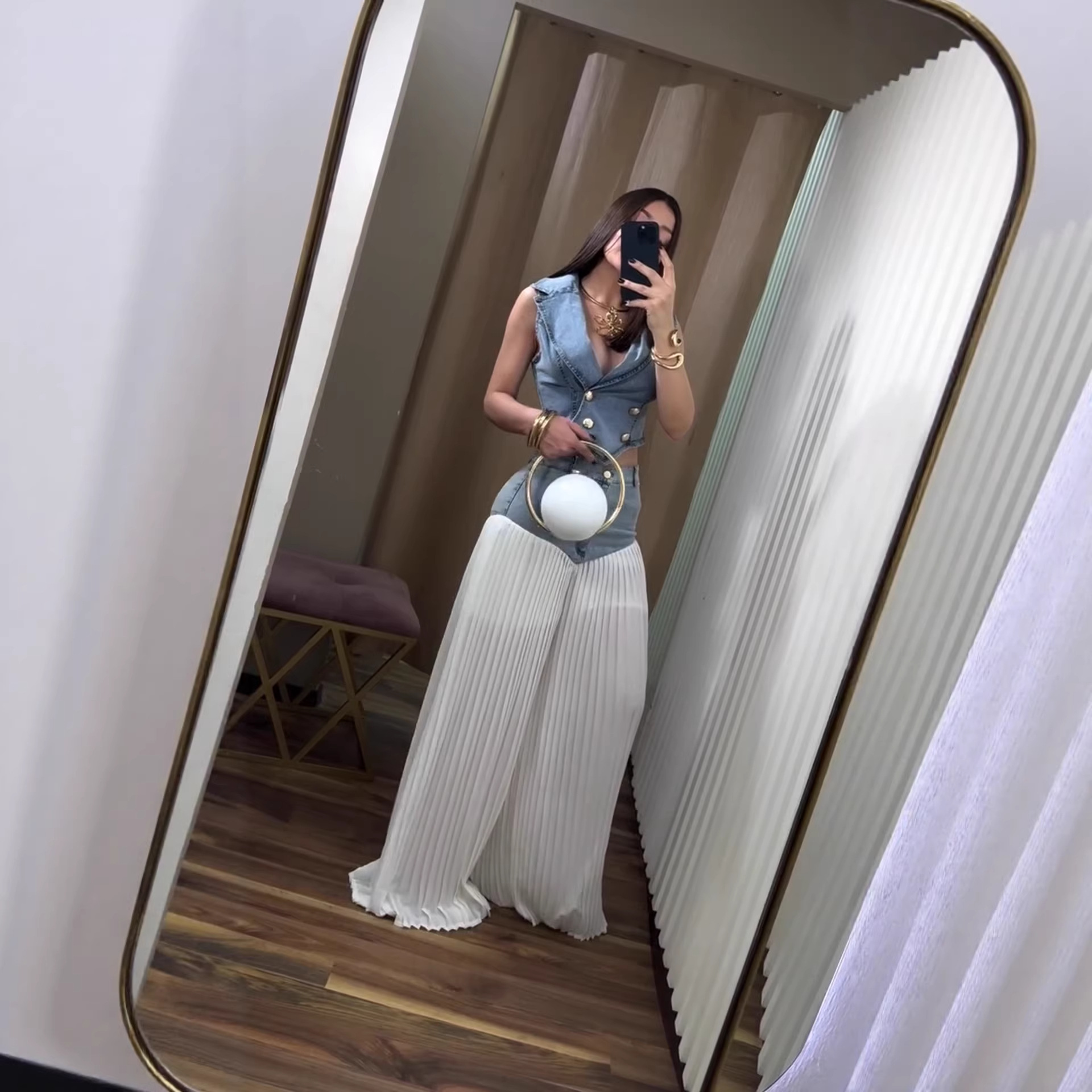 High Waist Denim Skirt Pants With Pleated Detail & Sleeveless Jacket Two-Piece Set, Casual Streetwear Outfit For Women_voghion.com