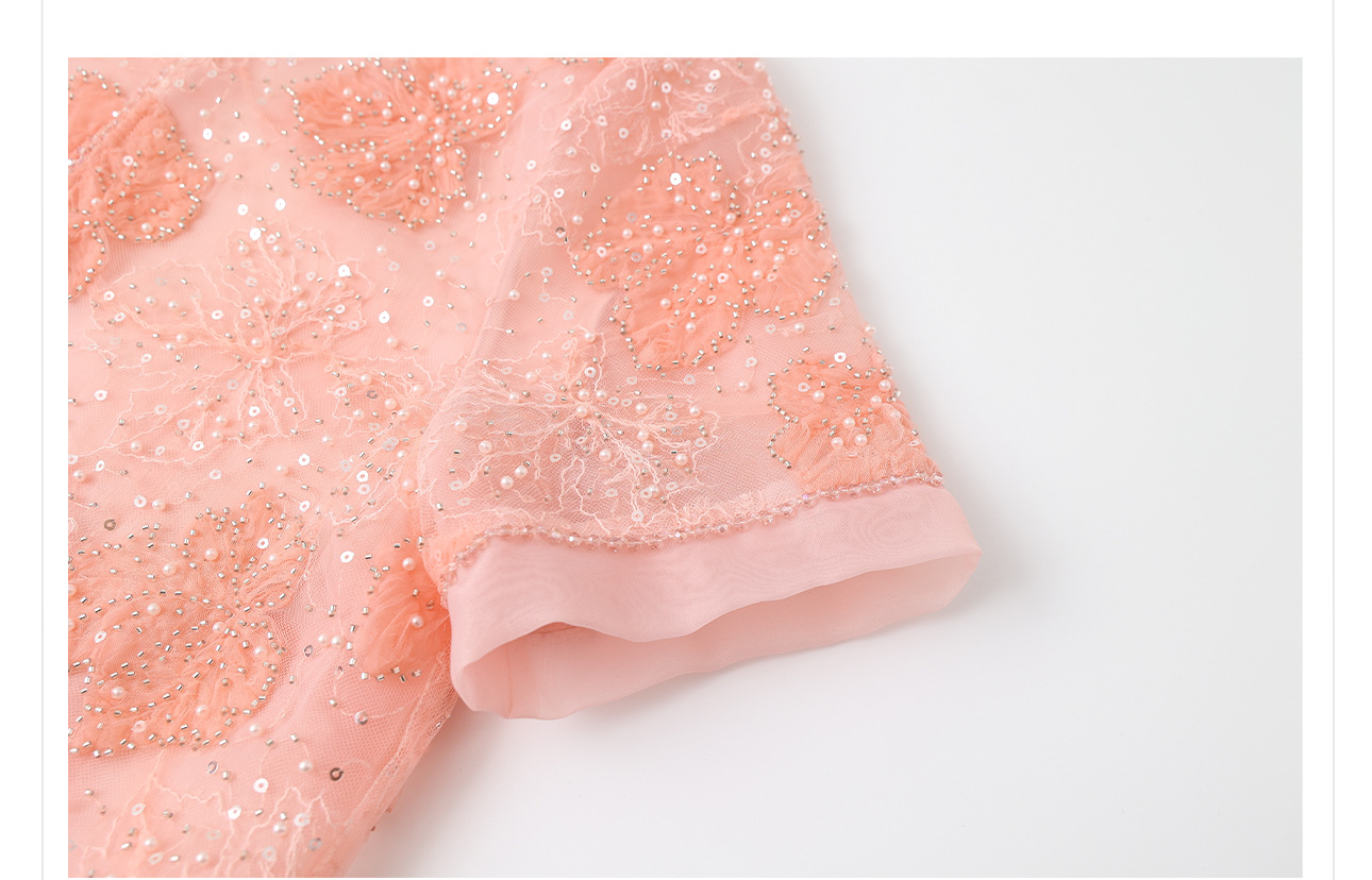 Áo thêu hoa acetate phong cách Trung Quốc mới mùa hè 2026, đính sequin và hạt cườm nặng — Áo màu hồng chi tiết 6