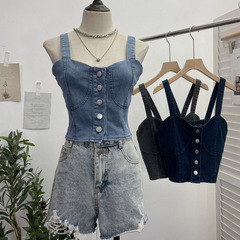 Real shot of hot girl denim small camisole retro outer wear single-breasted short navel-baring slim sleeveless top 2570