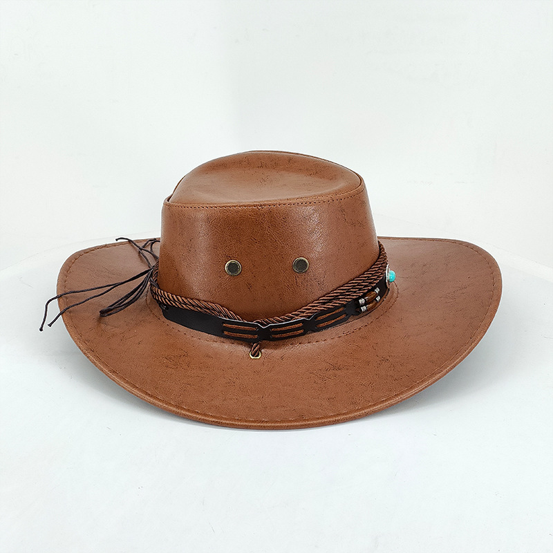 Unisex Ethnischer Windschatten Western Cowboyhut Glänzender Retro Leder Outdoor Sonnencreme Gerollter Ritterzylinder_voghion.com