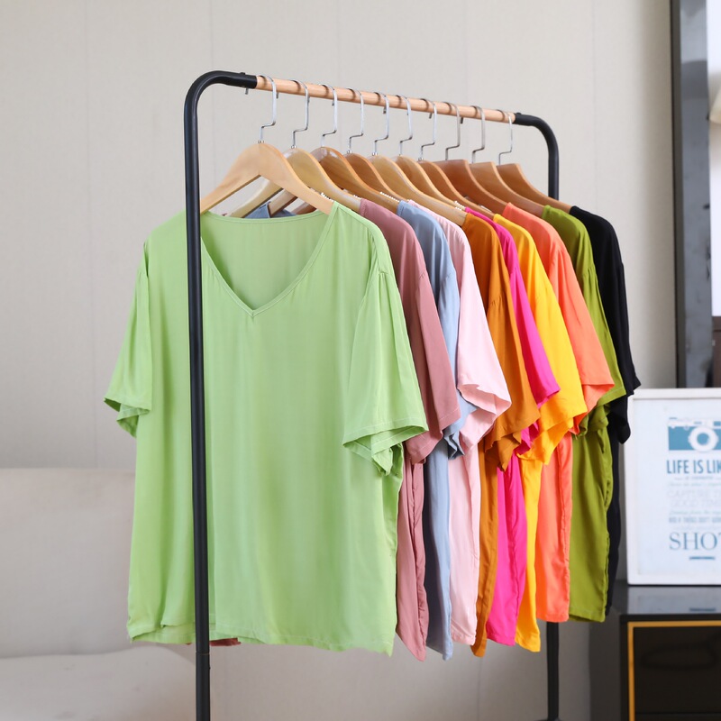 Summer Cotton Silk Pajamas for Women, Pure Color Contrasting Candy Tops, Export Large Size Loose V Neck Pajamas That Can Be Worn Outside Summer Cotton Silk Pajamas for Women, Pure Color Contrasting Candy Tops, Export Large Size Loose V Neck Pajamas That Can Be Worn Outside