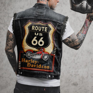 2284 * vintage motorcycle printed sleeveless Denim coat Denim vest men's motorcycle casual style Amazon