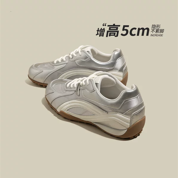 Soft Leather Version~Silver Color Inner Height-Increasing German Training Shoes for Women, New Spring Style, Lightweight and Versatile Sports Casual White Shoes