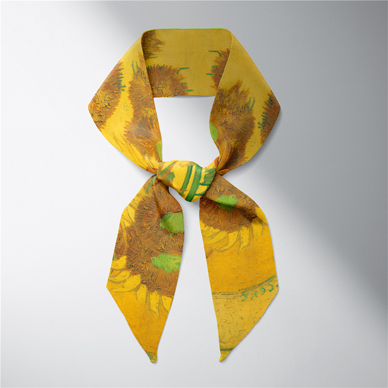 Verano larga pequeña bufanda de seda femenina Van Gogh campo de trigo cielo estrellado pintura al óleo delgada estrecha larga pequeña bufanda de seda corbata de pelo decoración femenina
