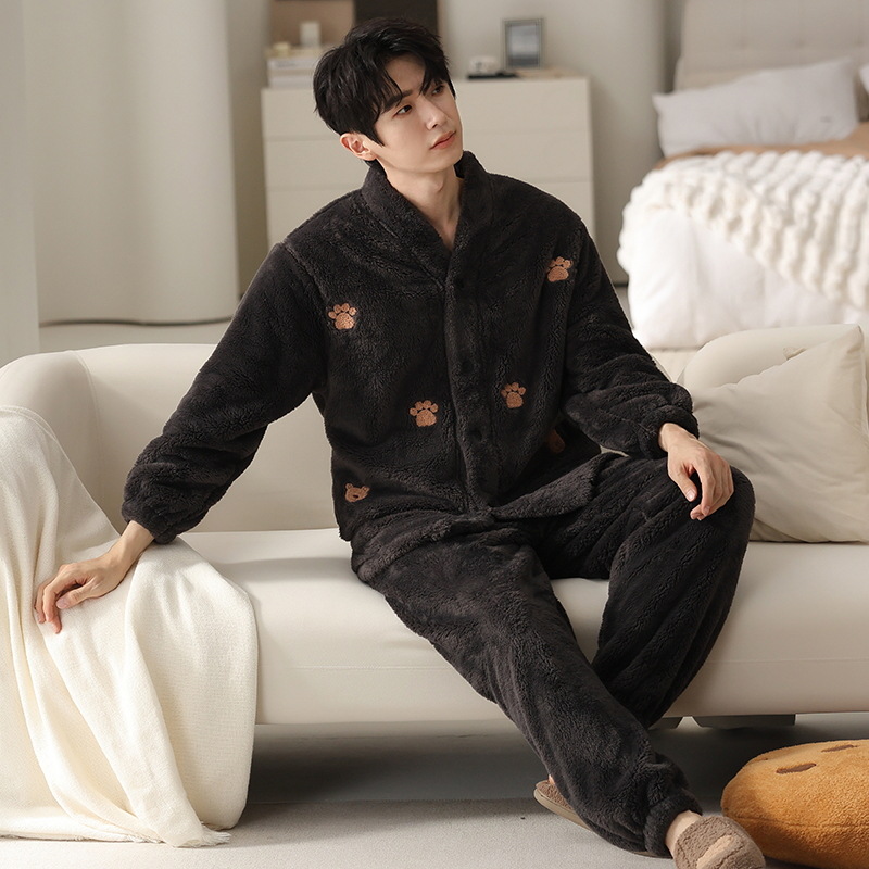 (2개) 가디건 기모노 커플 잠옷 겨울 플러스 벨벳 두꺼운 따뜻한 한 남녀 산호 벨벳 홈웨어 세트