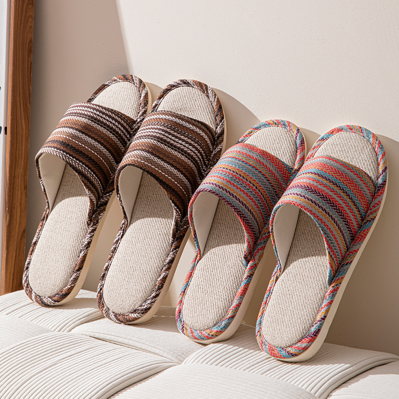 Home Linen Slippers with Cute and Fashionable Prints, Non-Slip, Breathable, Stylish and Versatile Pvc Couple's Striped Linen Slippers