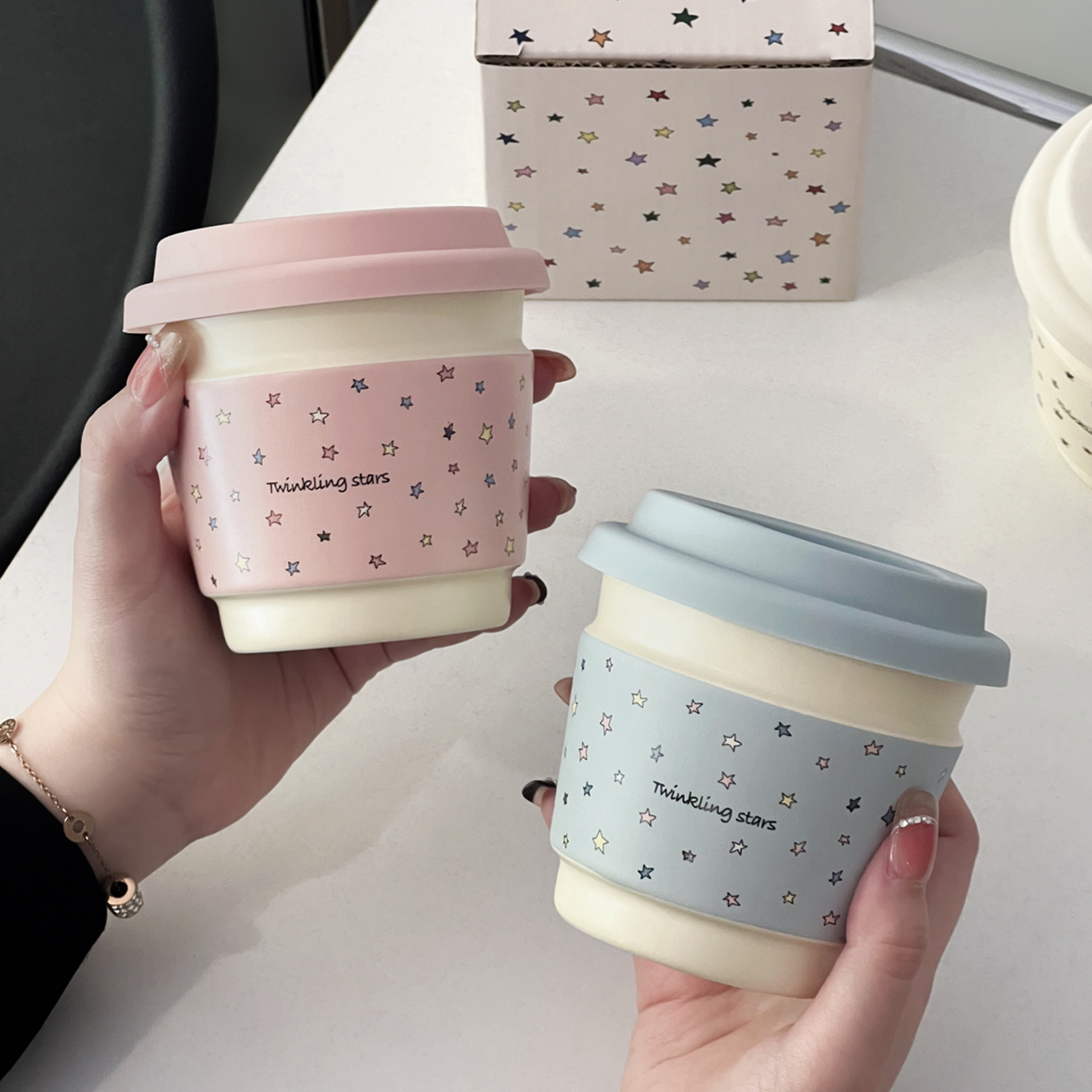 Taza de café de cerámica macaron de alto valor creativo de la serie de tazas de desayuno portátiles de mano Starins simple