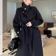 2025秋冬季新款赫本风立领呢子外套潮韩系黑色加厚气质大衣女长款