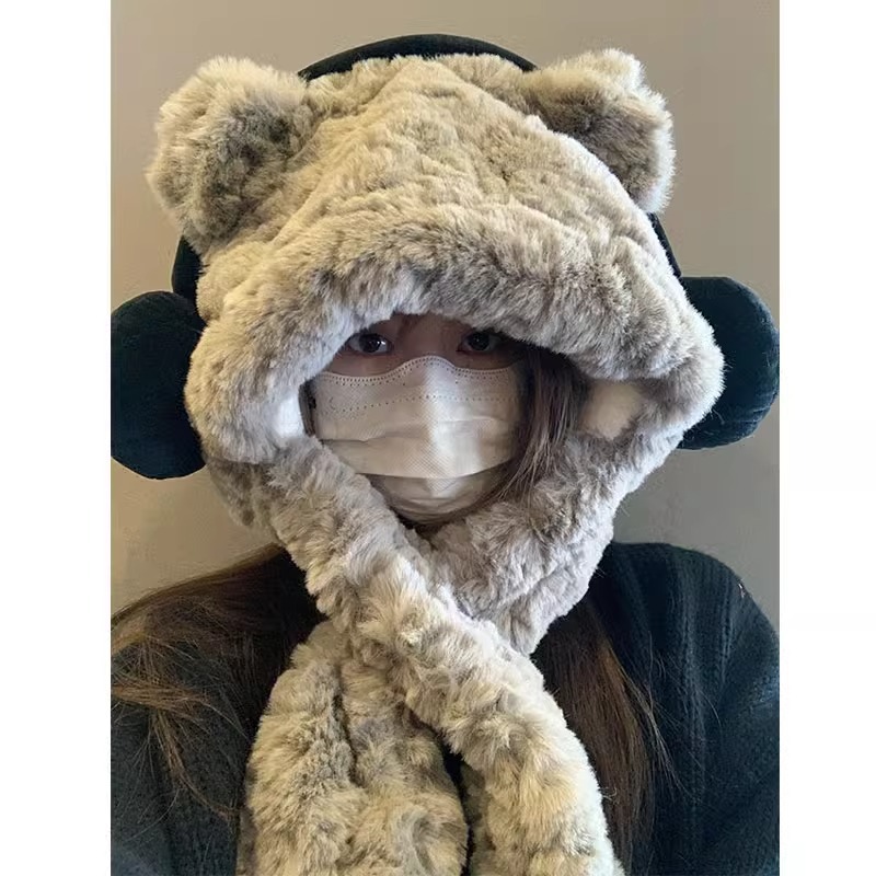 두꺼워진 귀여운 이어폰, 곰 모자, 스카프, 일체형 봉제 귀 보호, 레이펑 모자, 후드, 따뜻하고 봉제