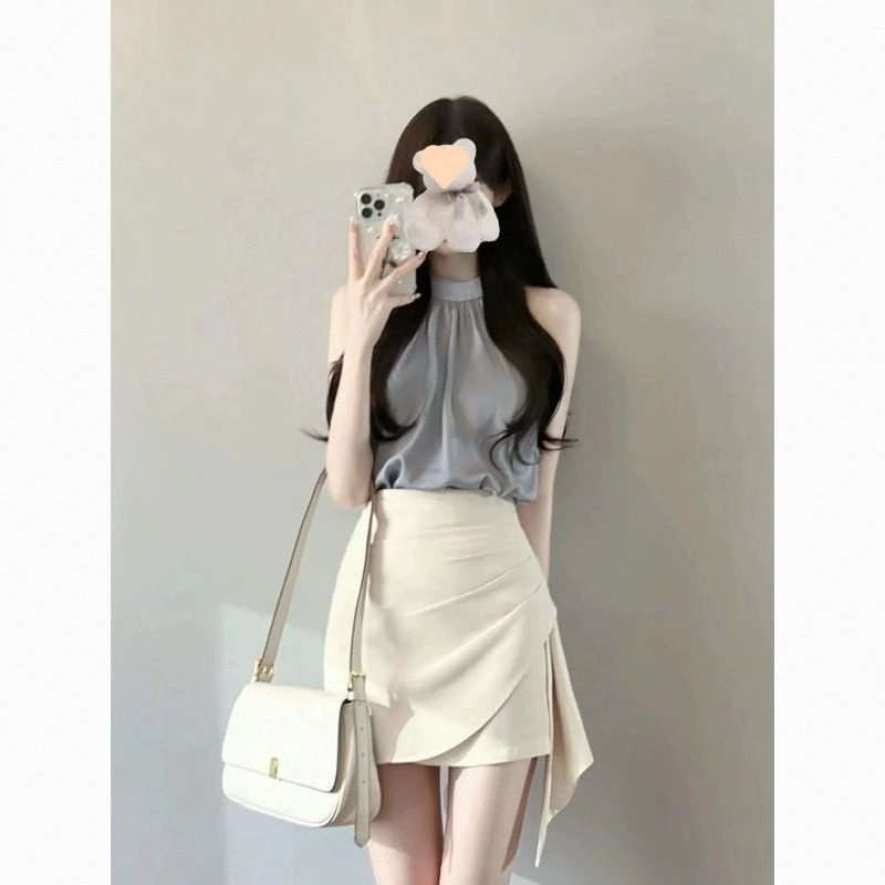 Женский костюм для школьного сезона, летний топ без рукавов в стиле чистой страсти, юбка нестандартной формы с высокой талией, комплект из двух предметов