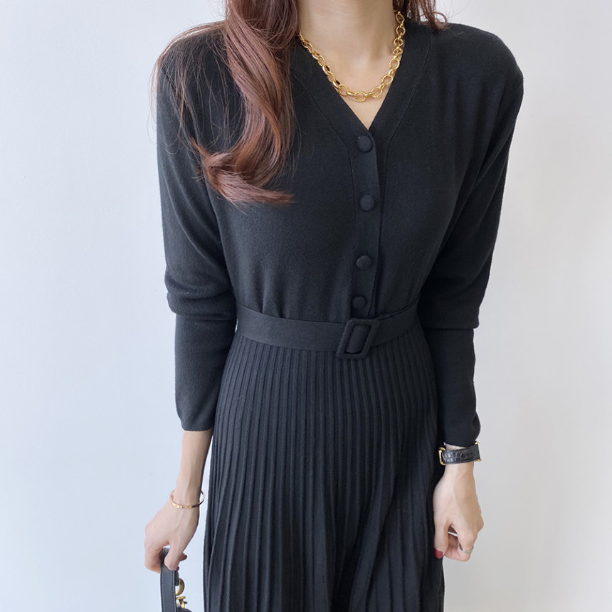 O1CN01aVCLNN1ouZuUhYVnM !!2201189245285 0 cib - Autumn V-Neck Long Sleeves Single-Breasted Thicken Knitted A-Line Midi Dress with Belt