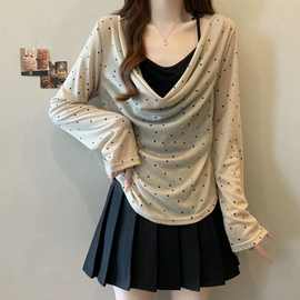 大码女装荡领波点假两件长袖恤女春夏胖妹妹遮肚子显瘦遮肉上衣