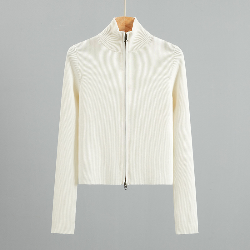 Craftsmanship and Precision: 18-Gauge German 80-Count Golden Merino Wool Stand-Collar Ribbed Slim-Fit Zipper Cardigan for Women