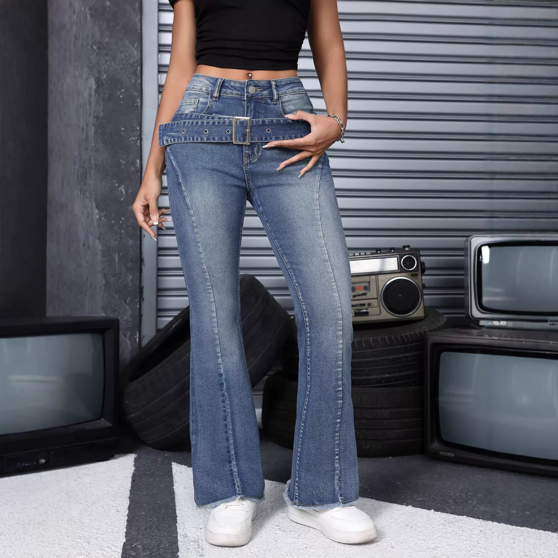 跨境欧美2025前腰带复古毛边脚牛仔裤个性女士弹力牛仔喇叭长裤