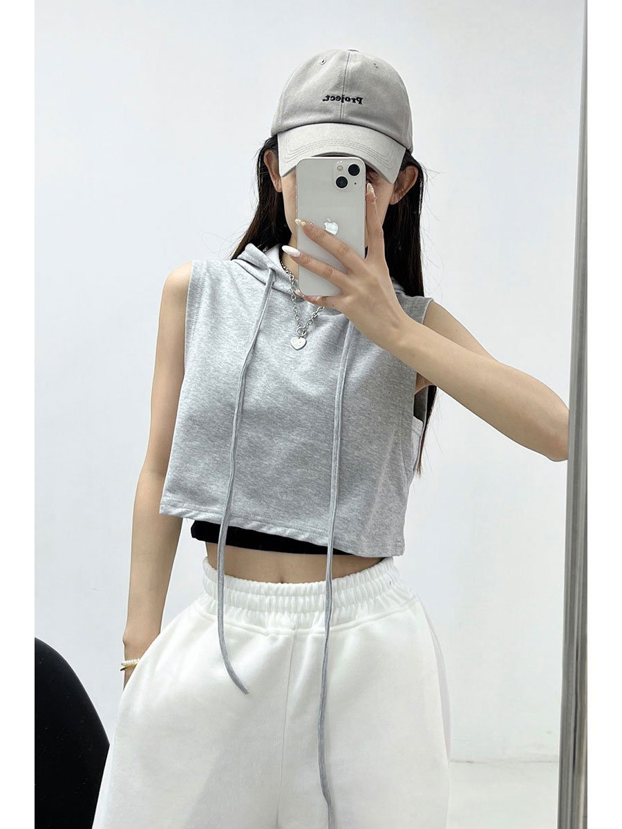 卫衣上衣ins小背心马甲内搭复古夏季运动风少女短款背心抽绳连帽