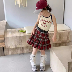 童裝2024夏學院風女童無袖字母t恤衫+格子百褶裙套裝中大童兩件套