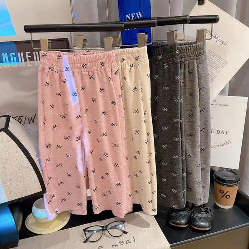 Baby Elastic Straight Leg Casual Long Pants with Bowknot Top for Girls, Spring and Autumn Printed Wide Leg Pants
