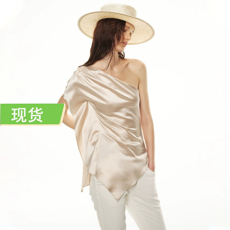 Acetate Satin Gilded Champagne Asymmetrical One-Shoulder Waist-Cinching Slim-Fit Top Acetate Satin Gilded Champagne Asymmetrical One-Shoulder Waist-Cinching Slim-Fit Top