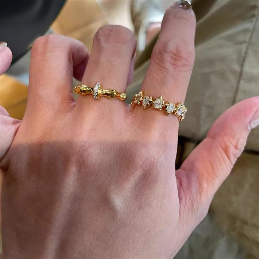 新中式中古拉絲鋯石戒指女老錢風精緻珠邊蕾絲竹節高級感食指戒
