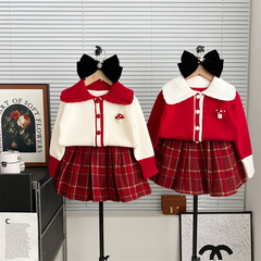 2024秋冬新款女童韓版學院風毛衣套裝女寶毛衣開衫百褶裙兩件套