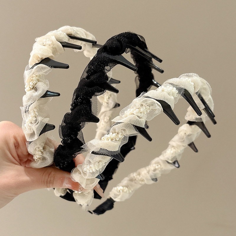 Diadema de ondas de perlas de hilo de malla de estilo de ballet para mujer 2025 nueva diadema de cabeza alta dulce fuera de todo fósforo horquilla