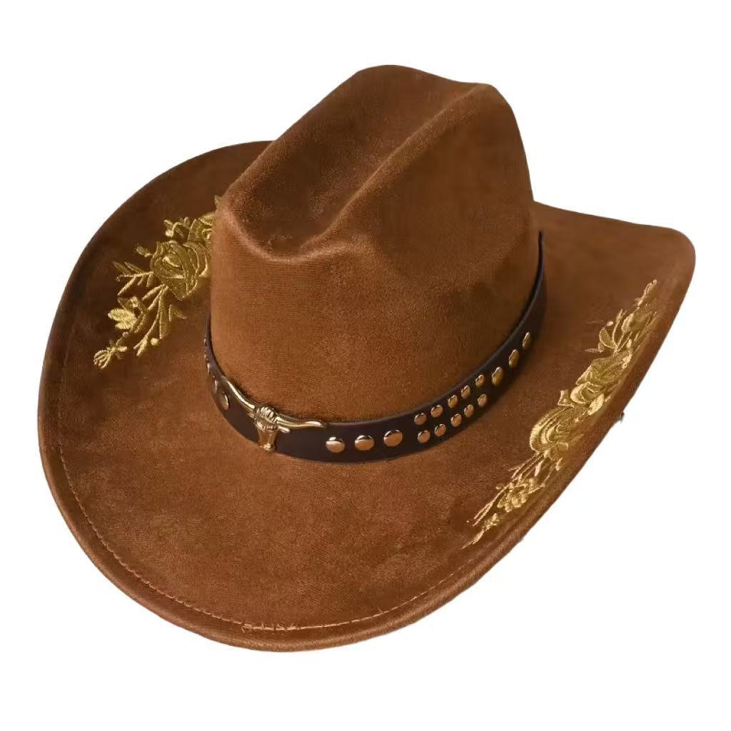 Retro Embroidered Suede Cowboy Hat For Men With Wide Brim Vintage Top Hat With Bull's Head Belt_voghion.com