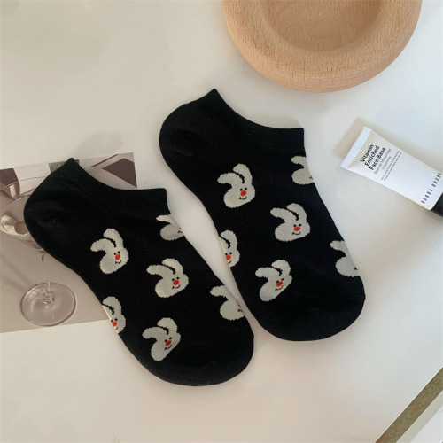 Summer socks for women, white polka dot boat socks, Japanese cartoon black and white rabbit cream socks, non-slip invisible socks