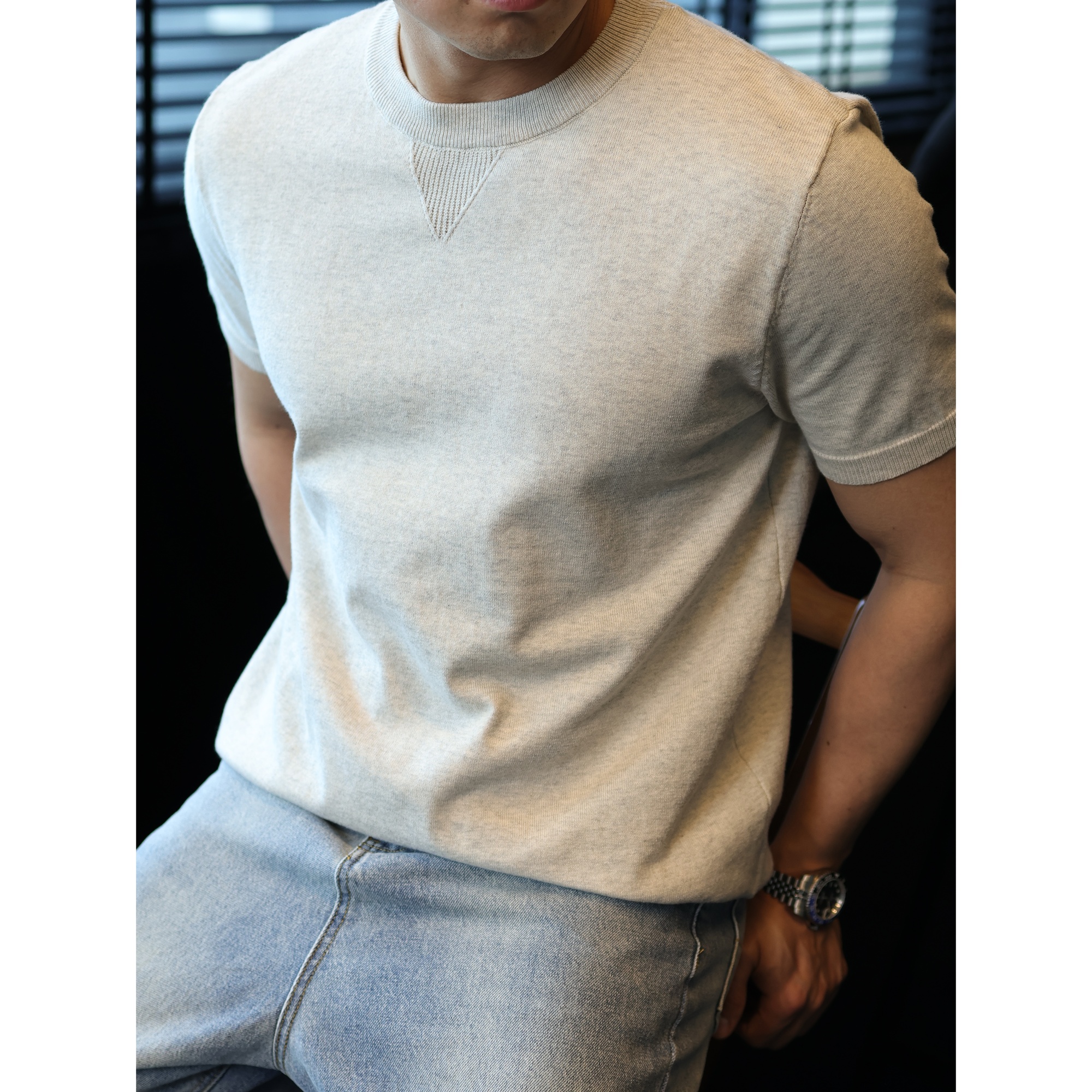Camiseta de punto de manga corta camiseta de hueso de pescado hombre textural hueco viejo viento de negocios hielo verano fábrica transfronteriza al por mayor