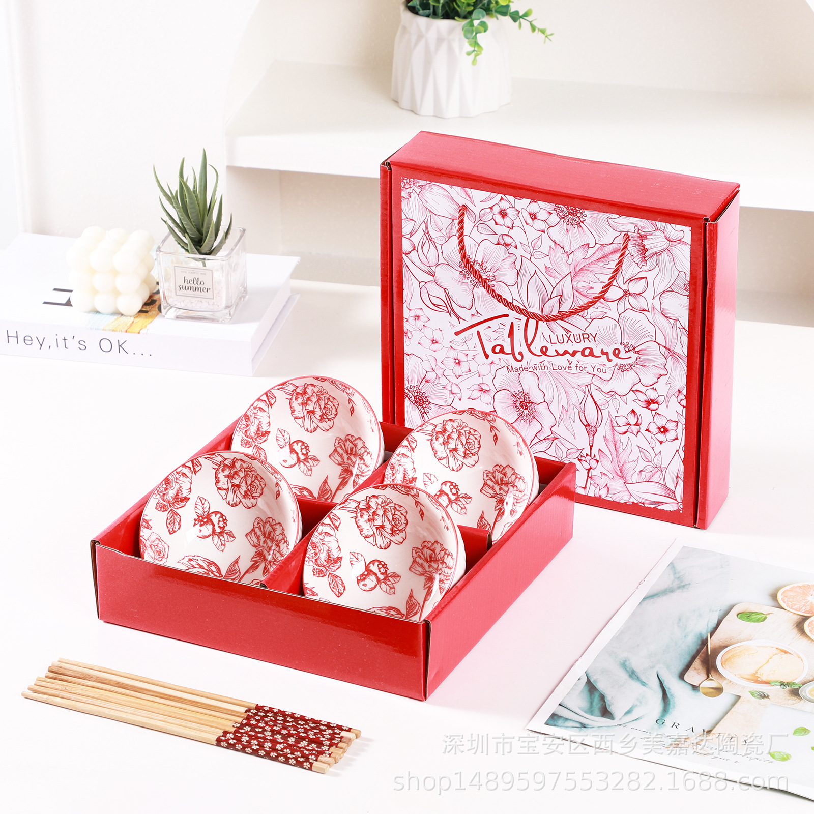 Regalo bohemio tazón de cerámica y palillos traje al por mayor tazón y plato traje hogar tazón de arroz vajilla conjunto tazón caja de regalo traje