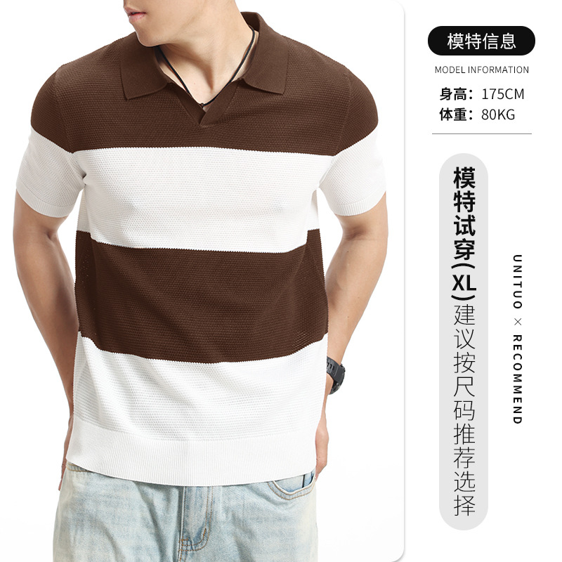 Hombres viejos ganchos de hielo de seda de punto polo camiseta de manga corta hombre de alto nivel de negocios camiseta de cuello de gaviota ropa de hombre