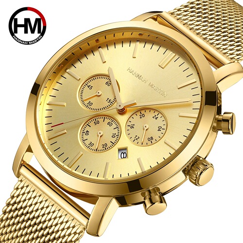 Multifunctional Business Casual Calendar Quartz Watch Men's Pure Gold Braided Chain Business Casual Waterproof Watch