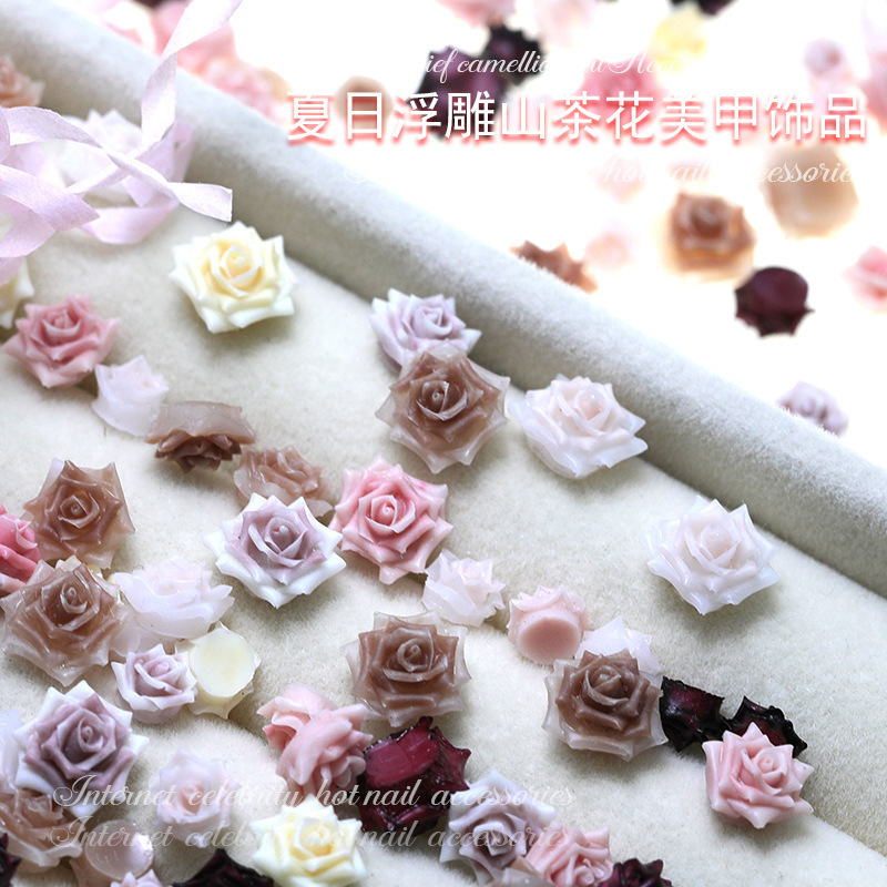 Trendy New Realistic Ins-Style Embossed Nail Art Wearable Nail Decorations Hot-Selling Camellia Soft Sculpted Resin Nail Rhinestones