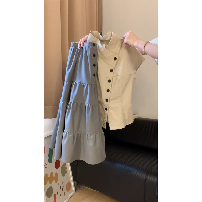 In Stock: Korean-Style College-Style Stand-Collar Button-Down Short-Sleeved Shirt for Women Paired with a New Summer Skirt Set