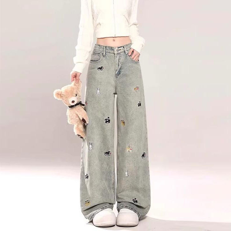 Casual Cartoon Cute Puppy Embroidered Jeans for Women Autumn Wide-Leg Plus-Size Loose Versatile Straight Pants