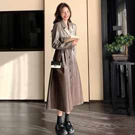 PU皮拼接长袖连衣裙女中长款2024秋新款法式设计感过膝a字西装裙